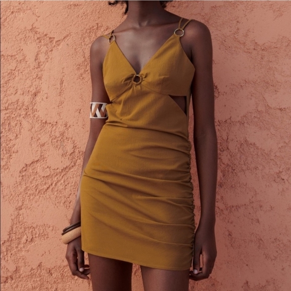 Zara Dresses & Skirts - Zara Women's Brown Toffee Double Strap Ruched Side Cut-Out Mini Dress EUC Size S